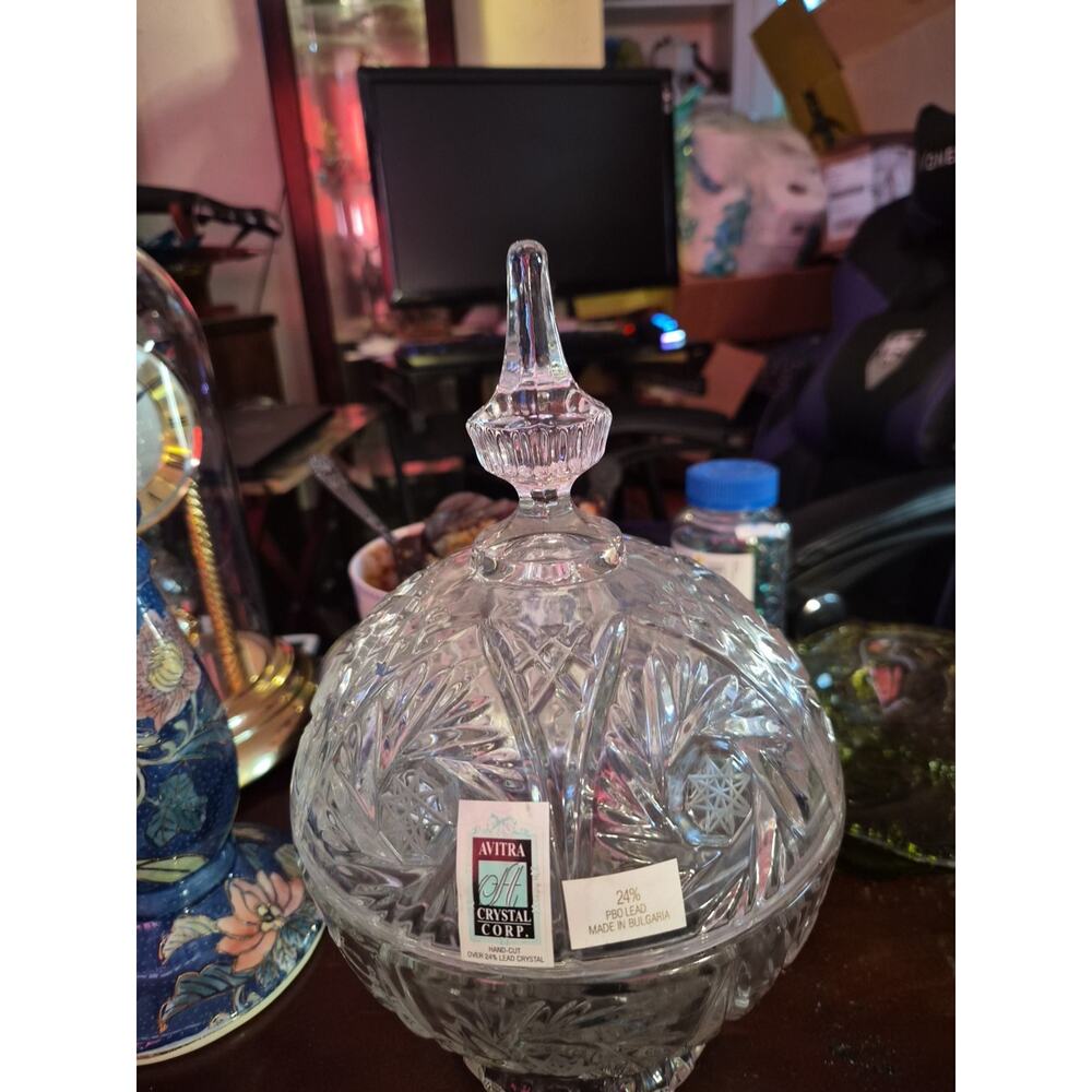Vintage Avitra 24% Lead Crystal Candy Dish With Lid Has Pinwheel And Star...